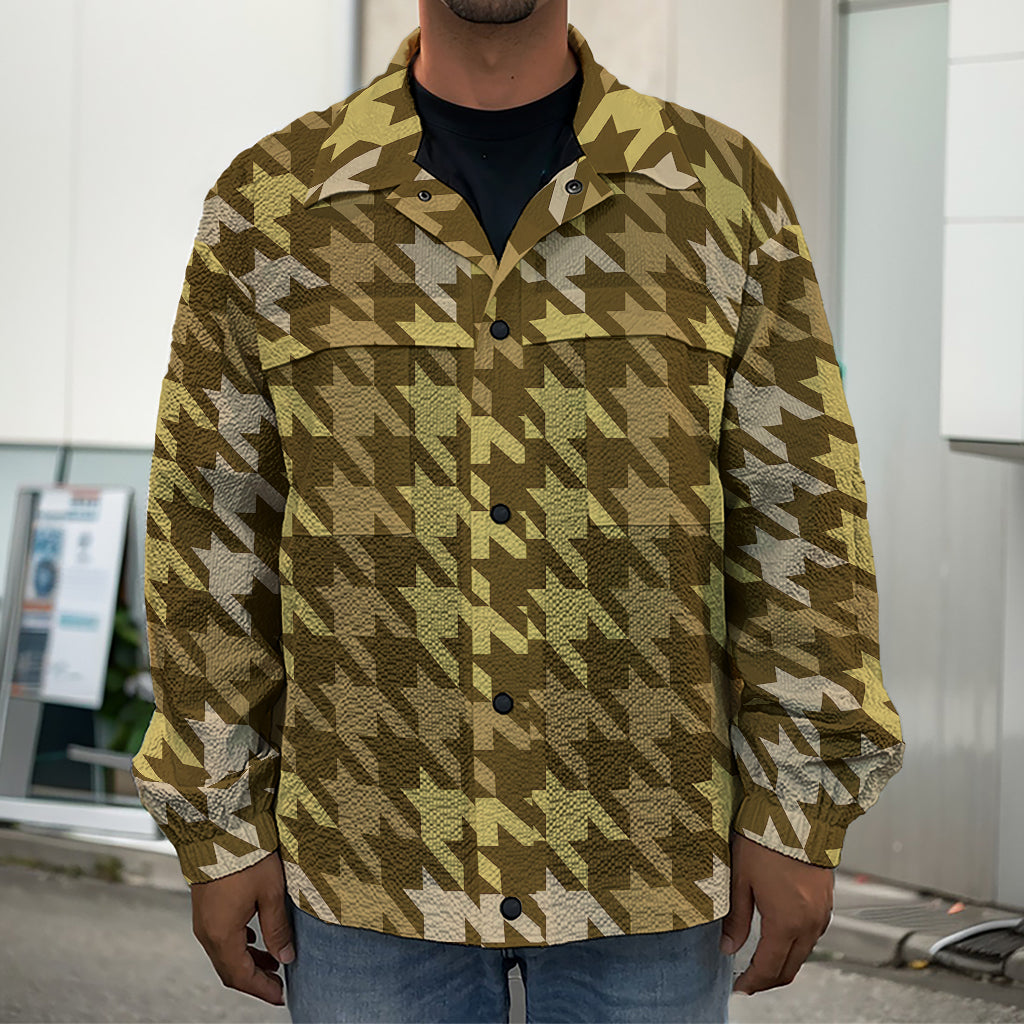 Brown And Tan Houndstooth Pattern Print Men's Shirt Jacket