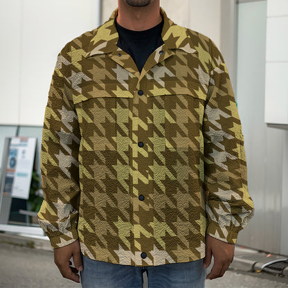 Brown And Tan Houndstooth Pattern Print Men's Shirt Jacket