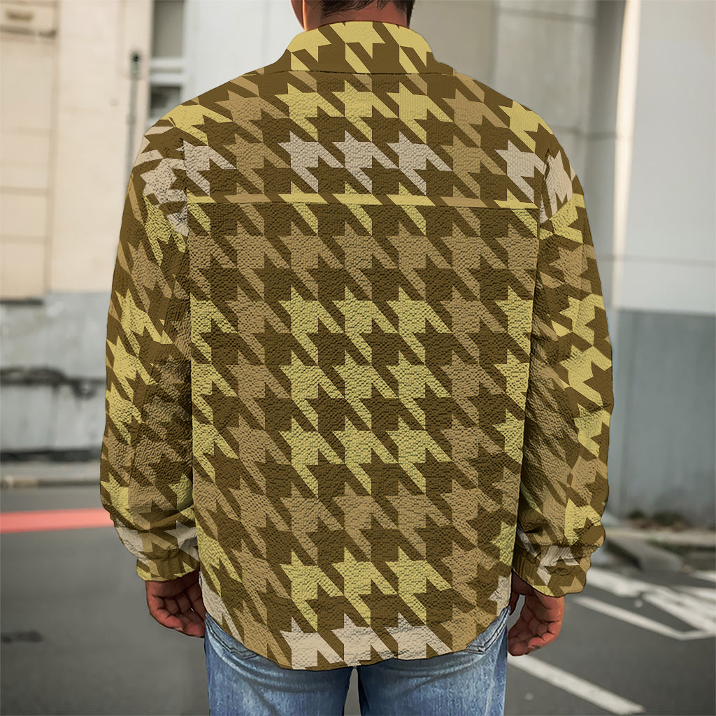 Brown And Tan Houndstooth Pattern Print Men's Shirt Jacket