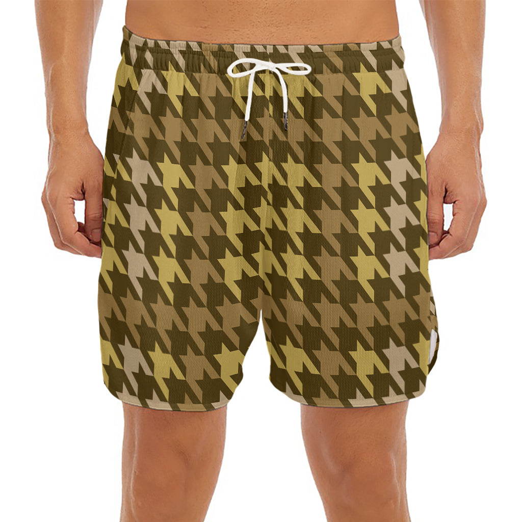 Brown And Tan Houndstooth Pattern Print Men's Split Running Shorts
