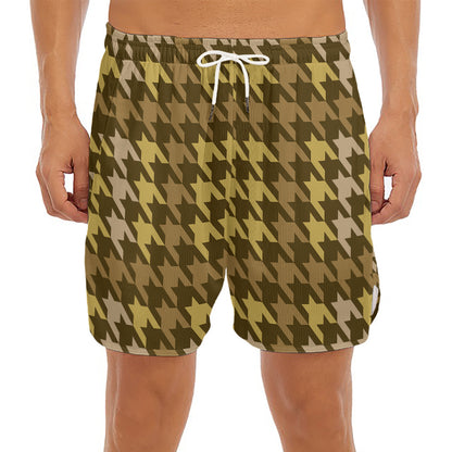 Brown And Tan Houndstooth Pattern Print Men's Split Running Shorts