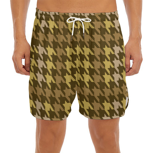 Brown And Tan Houndstooth Pattern Print Men's Split Running Shorts