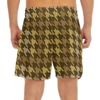 Brown And Tan Houndstooth Pattern Print Men's Split Running Shorts