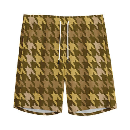 Brown And Tan Houndstooth Pattern Print Men's Sports Shorts
