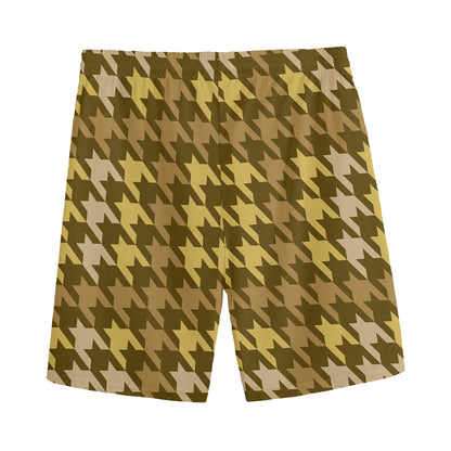 Brown And Tan Houndstooth Pattern Print Men's Sports Shorts