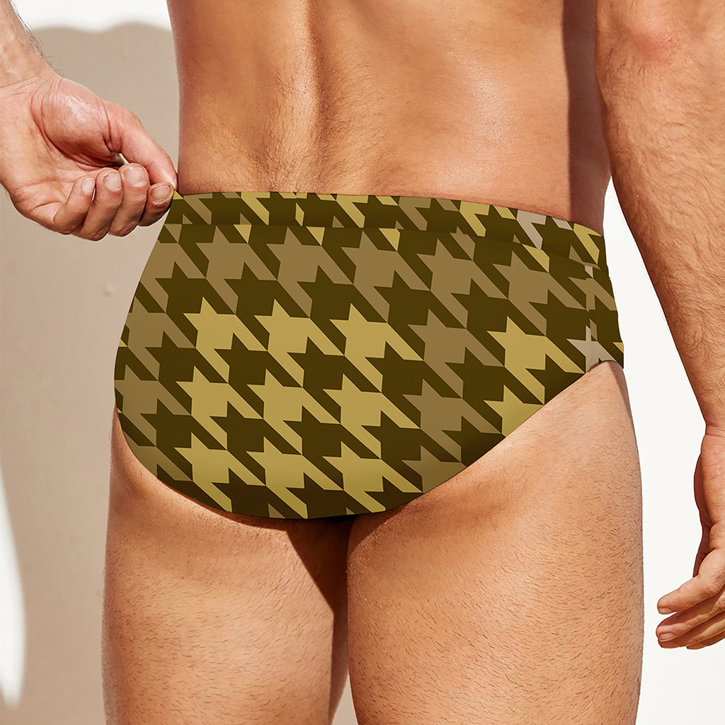 Brown And Tan Houndstooth Pattern Print Men's Swim Briefs