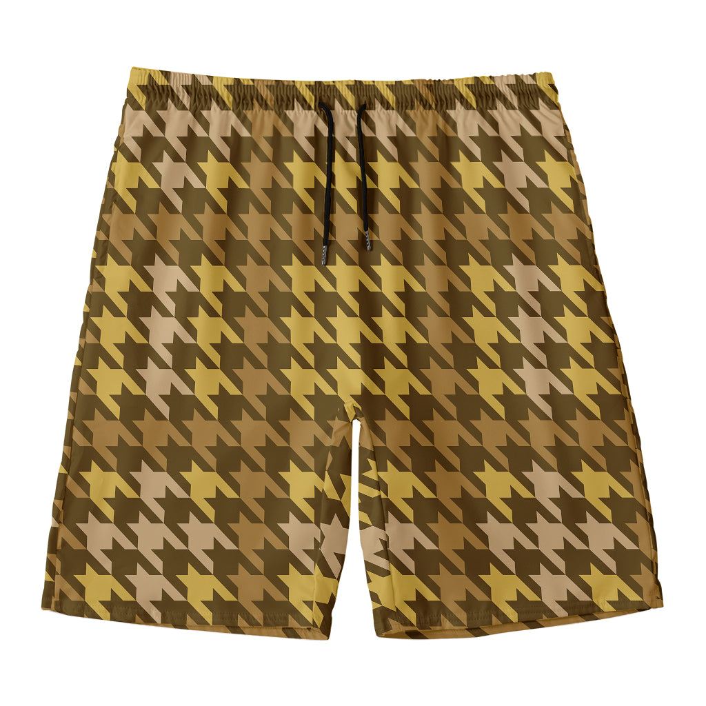 Brown And Tan Houndstooth Pattern Print Men's Swim Trunks