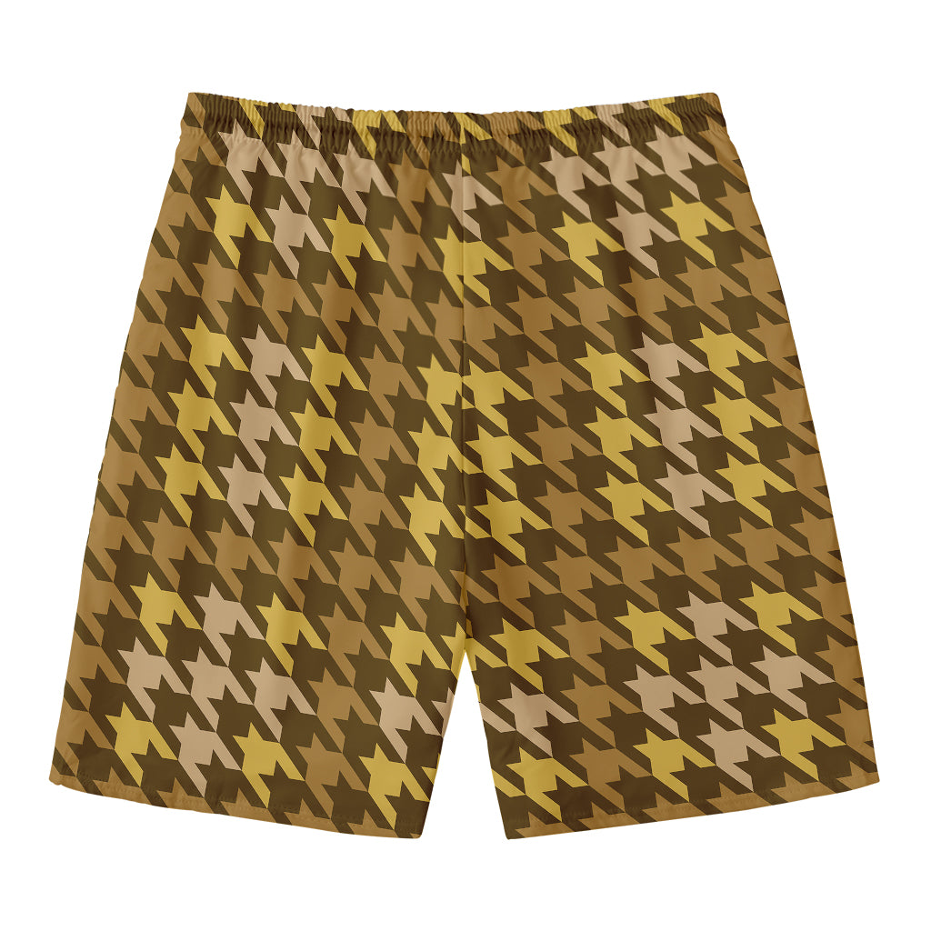 Brown And Tan Houndstooth Pattern Print Men's Swim Trunks
