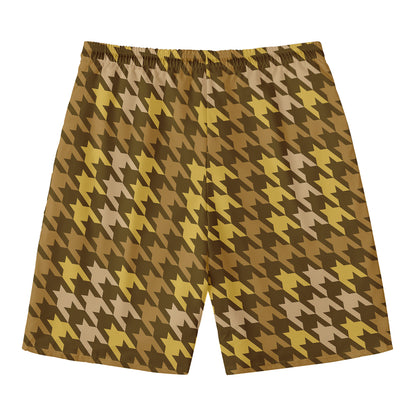 Brown And Tan Houndstooth Pattern Print Men's Swim Trunks