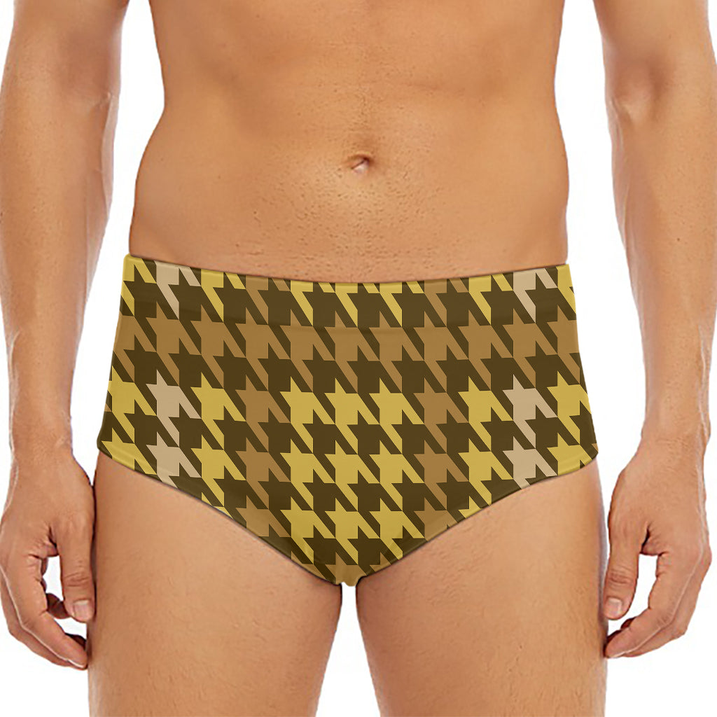 Brown And Tan Houndstooth Pattern Print Men's Triangle Swim Briefs