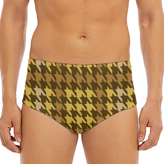 Brown And Tan Houndstooth Pattern Print Men's Triangle Swim Briefs