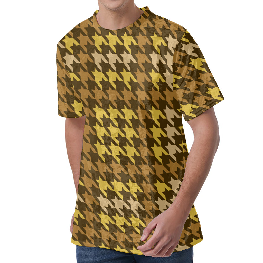 Brown And Tan Houndstooth Pattern Print Men's Velvet T-Shirt