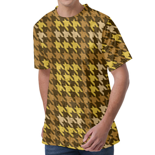 Brown And Tan Houndstooth Pattern Print Men's Velvet T-Shirt