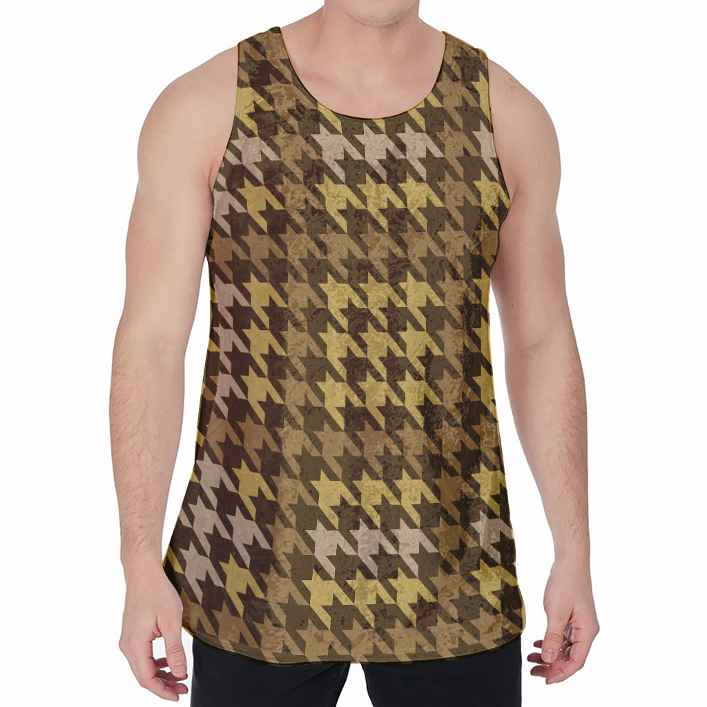 Brown And Tan Houndstooth Pattern Print Men's Velvet Tank Top