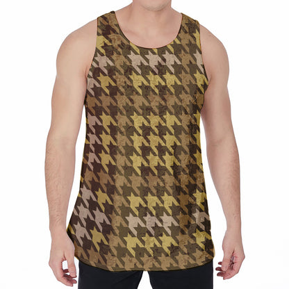 Brown And Tan Houndstooth Pattern Print Men's Velvet Tank Top