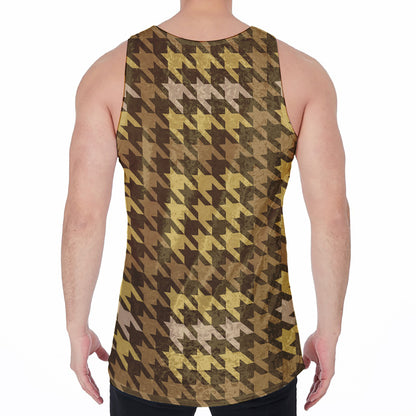 Brown And Tan Houndstooth Pattern Print Men's Velvet Tank Top