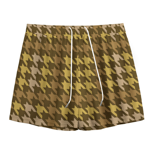 Brown And Tan Houndstooth Pattern Print Mesh Shorts