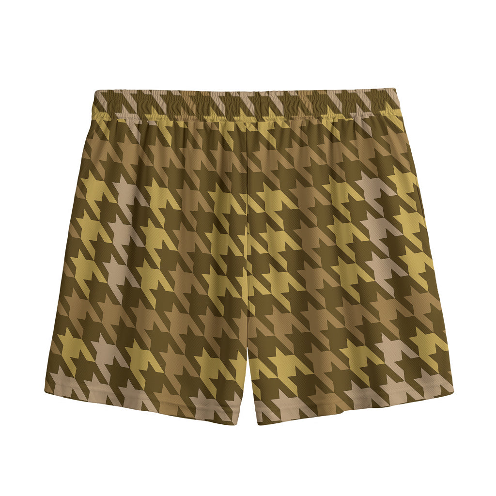 Brown And Tan Houndstooth Pattern Print Mesh Shorts