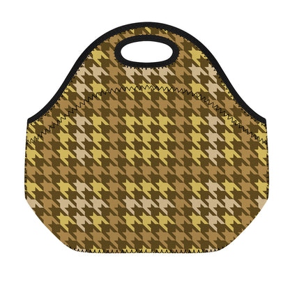 Brown And Tan Houndstooth Pattern Print Neoprene Lunch Bag