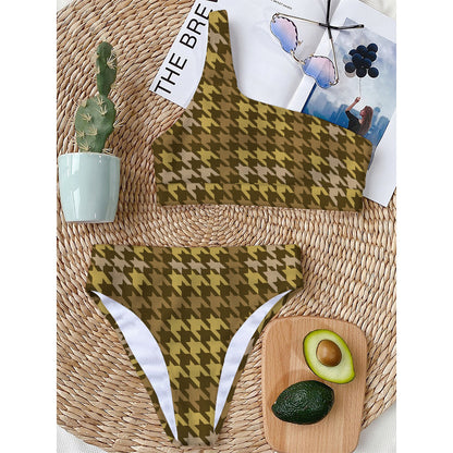 Brown And Tan Houndstooth Pattern Print One Shoulder Bikini Top