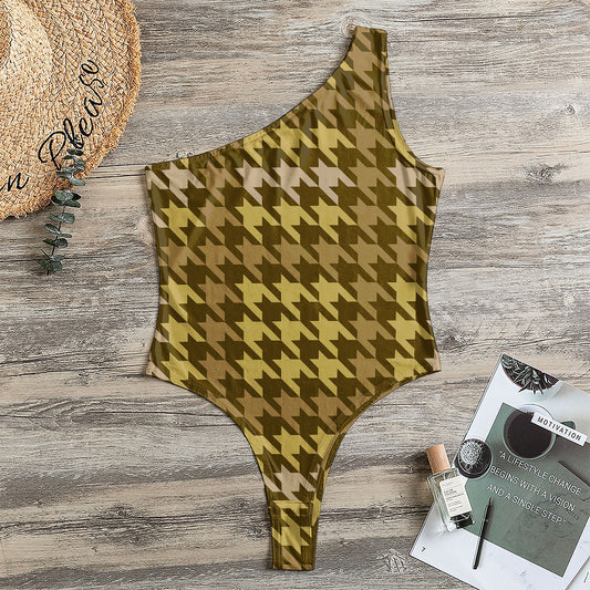 Brown And Tan Houndstooth Pattern Print One Shoulder Bodysuit