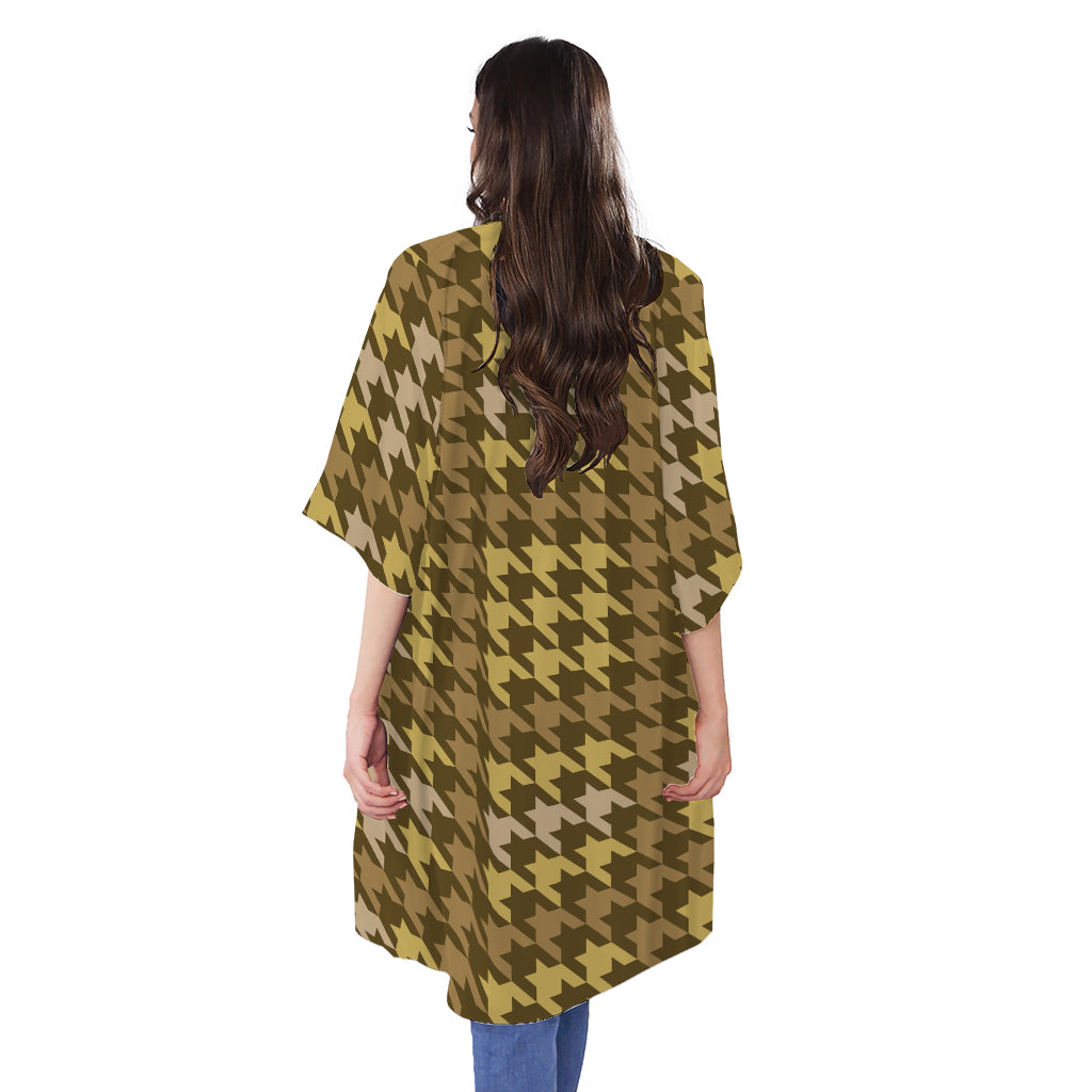 Brown And Tan Houndstooth Pattern Print Open Front Beach Cover Up