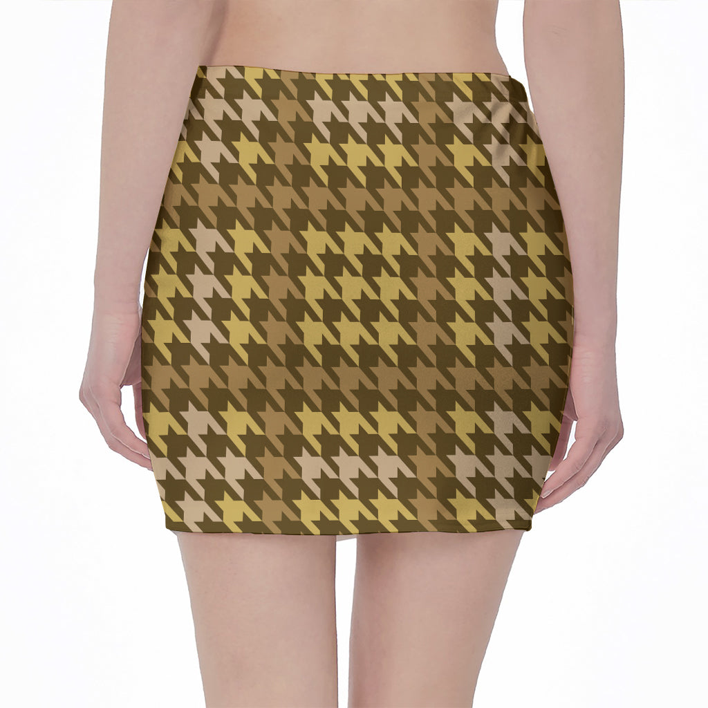 Brown And Tan Houndstooth Pattern Print Pencil Mini Skirt