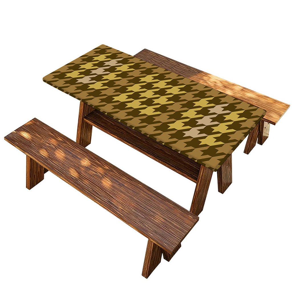 Brown And Tan Houndstooth Pattern Print Picnic Table Cover