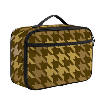 Brown And Tan Houndstooth Pattern Print Portable Lunch Bag