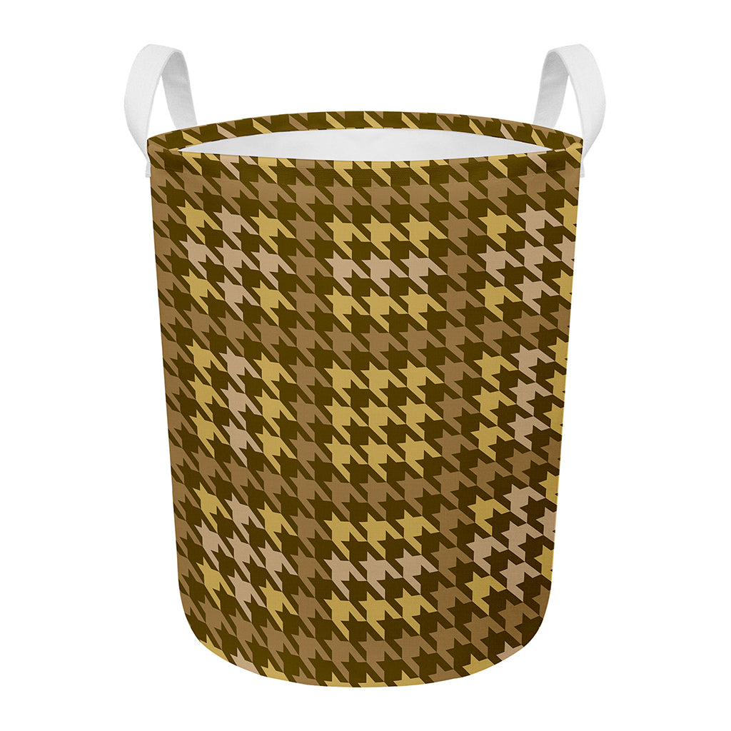 Brown And Tan Houndstooth Pattern Print Round Laundry Basket