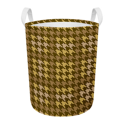 Brown And Tan Houndstooth Pattern Print Round Laundry Basket