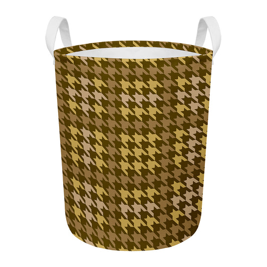 Brown And Tan Houndstooth Pattern Print Round Laundry Basket