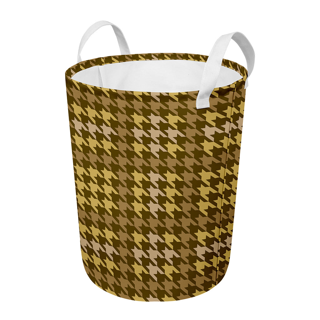 Brown And Tan Houndstooth Pattern Print Round Laundry Basket