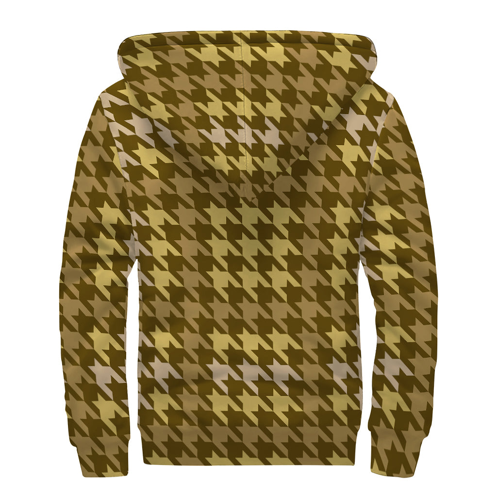 Brown And Tan Houndstooth Pattern Print Sherpa Lined Zip Up Hoodie
