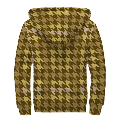 Brown And Tan Houndstooth Pattern Print Sherpa Lined Zip Up Hoodie