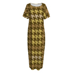 Brown And Tan Houndstooth Pattern Print Short Sleeve Long Nightdress