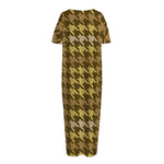 Brown And Tan Houndstooth Pattern Print Short Sleeve Long Nightdress