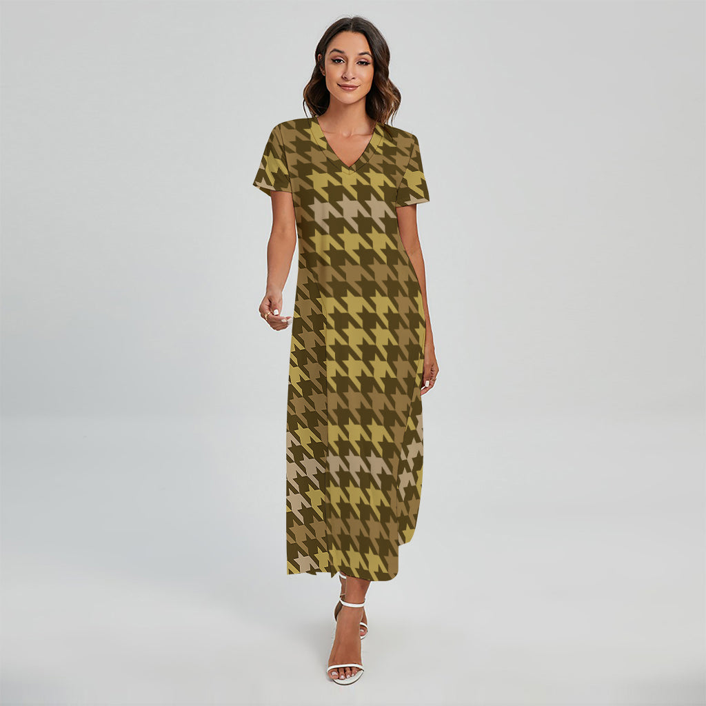 Brown And Tan Houndstooth Pattern Print Short Sleeve Maxi Dress
