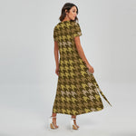 Brown And Tan Houndstooth Pattern Print Short Sleeve Maxi Dress