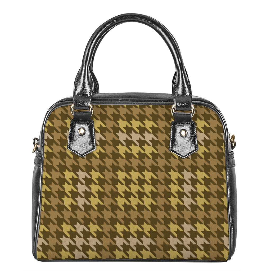 Brown And Tan Houndstooth Pattern Print Shoulder Handbag