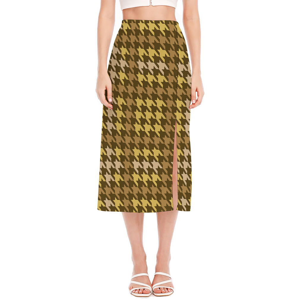 Brown And Tan Houndstooth Pattern Print Side Slit Midi Skirt
