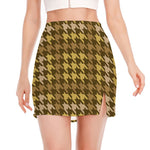 Brown And Tan Houndstooth Pattern Print Side Slit Mini Skirt