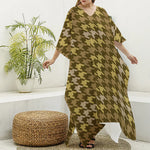 Brown And Tan Houndstooth Pattern Print Silk V-Neck Kaftan Dress