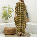 Brown And Tan Houndstooth Pattern Print Silk V-Neck Kaftan Dress