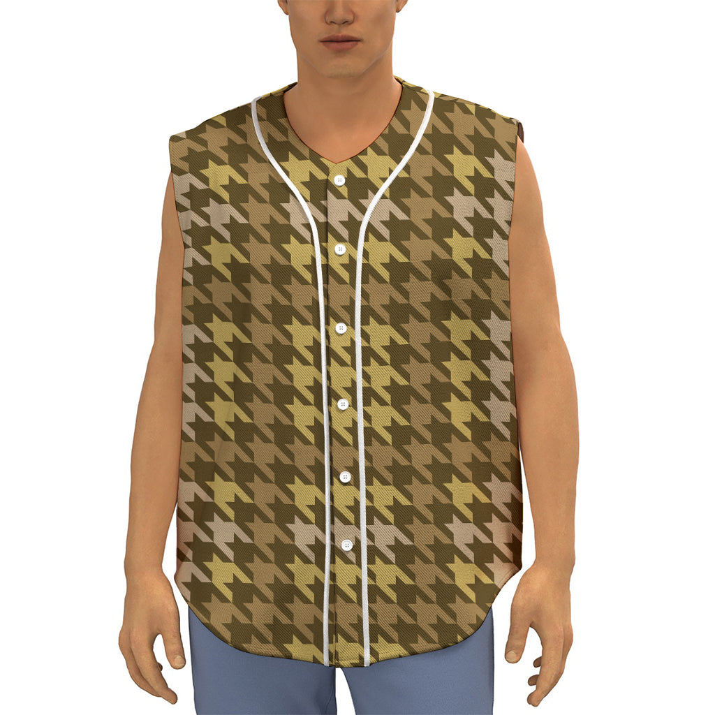 Brown And Tan Houndstooth Pattern Print Sleeveless Baseball Jersey