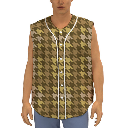Brown And Tan Houndstooth Pattern Print Sleeveless Baseball Jersey