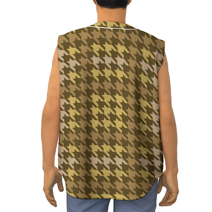 Brown And Tan Houndstooth Pattern Print Sleeveless Baseball Jersey