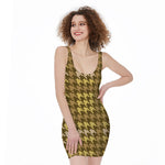 Brown And Tan Houndstooth Pattern Print Sleeveless Bodycon Dress