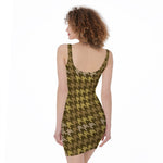 Brown And Tan Houndstooth Pattern Print Sleeveless Bodycon Dress