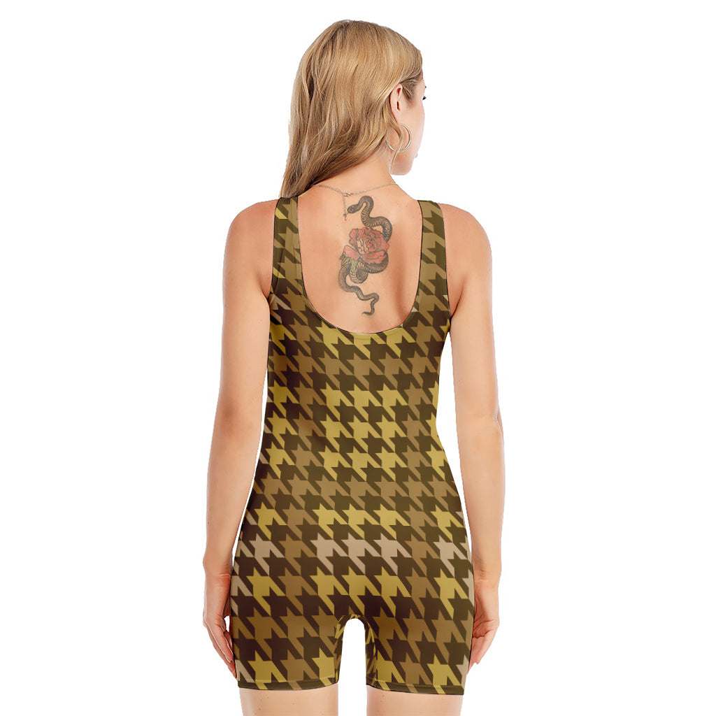 Brown And Tan Houndstooth Pattern Print Sleeveless One Piece Swimsuit